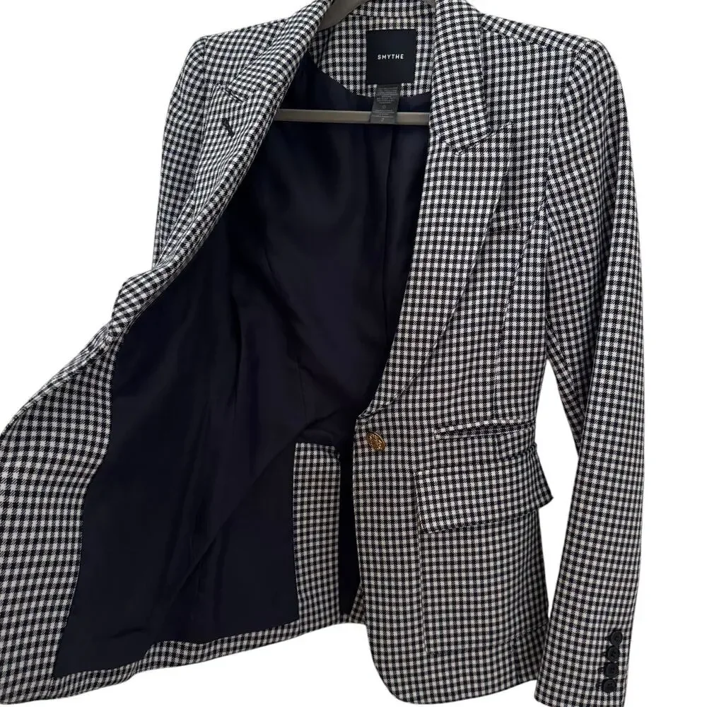 Smythe Classic Duchess Wool Blazer Gingham Check Navy White Size 2 - Picture 8 of 12